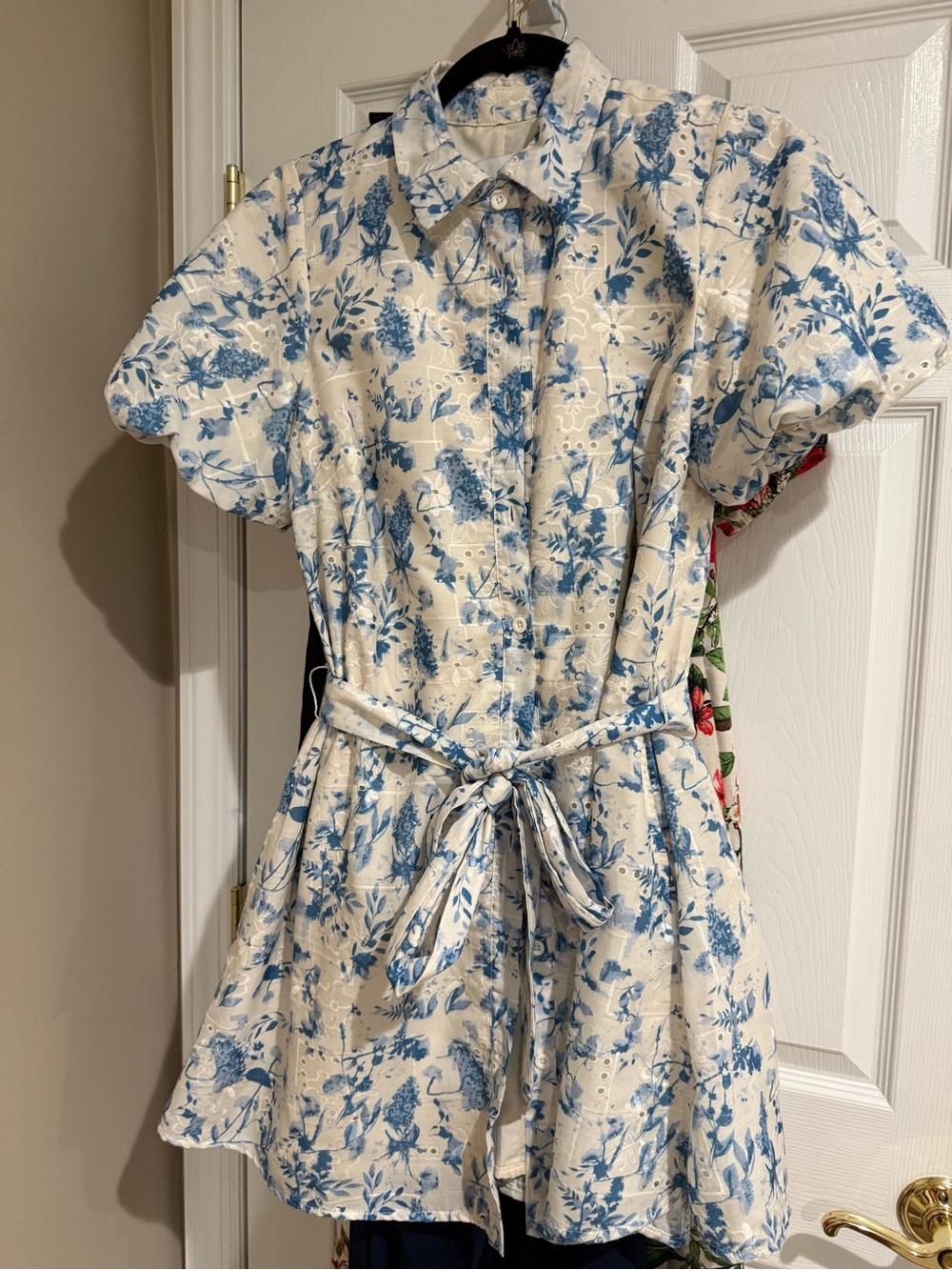 Sam Edelman Cream and Blue Floral Tie-Waist Shirt Dress